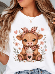 Women's Cute Highland Cow Graphic T-Shirt, Pink Bow Cow Drinking Milkshake Print, Casual Crew Neck Short Sleeve Summer Tee