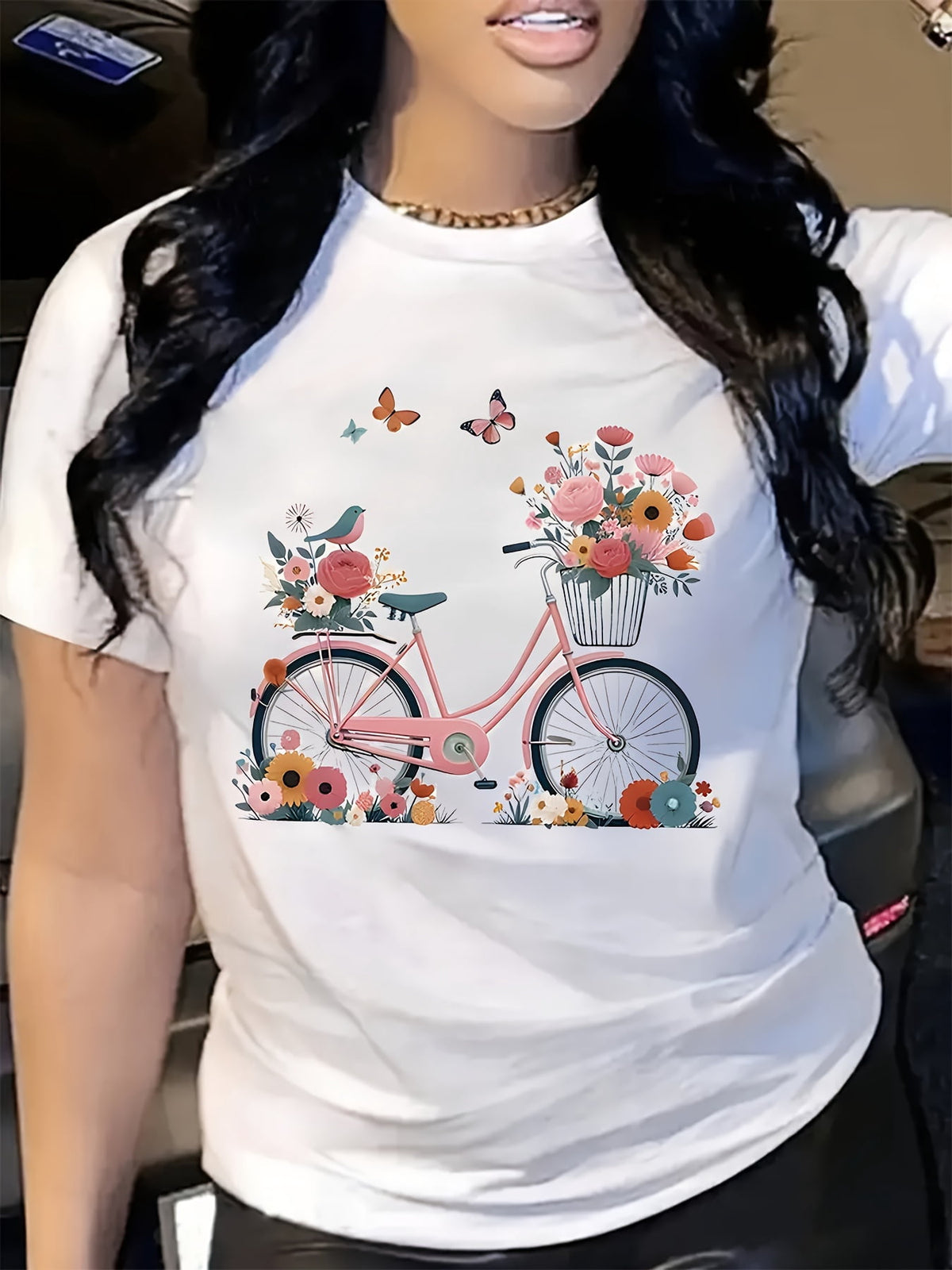 Women’s Cute Pink Bicycle Floral Bird Butterfly Graphic Crew Neck Short Sleeve Casual T-Shirt