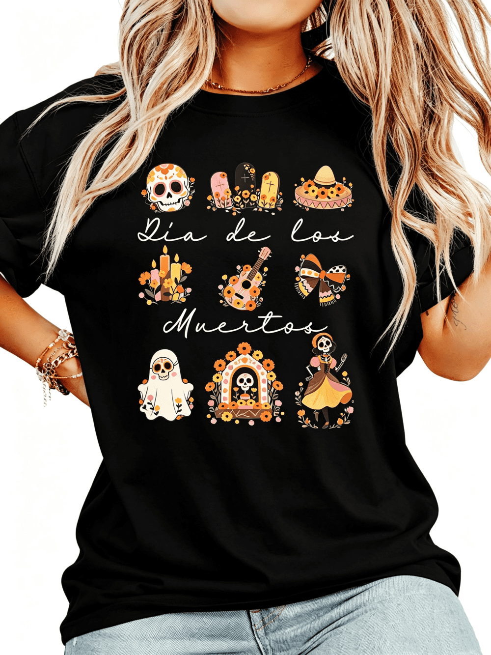 Women's Dia de los Muertos Halloween T-Shirt Sugar Skull Floral Day of the Dead Graphic Casual Tee