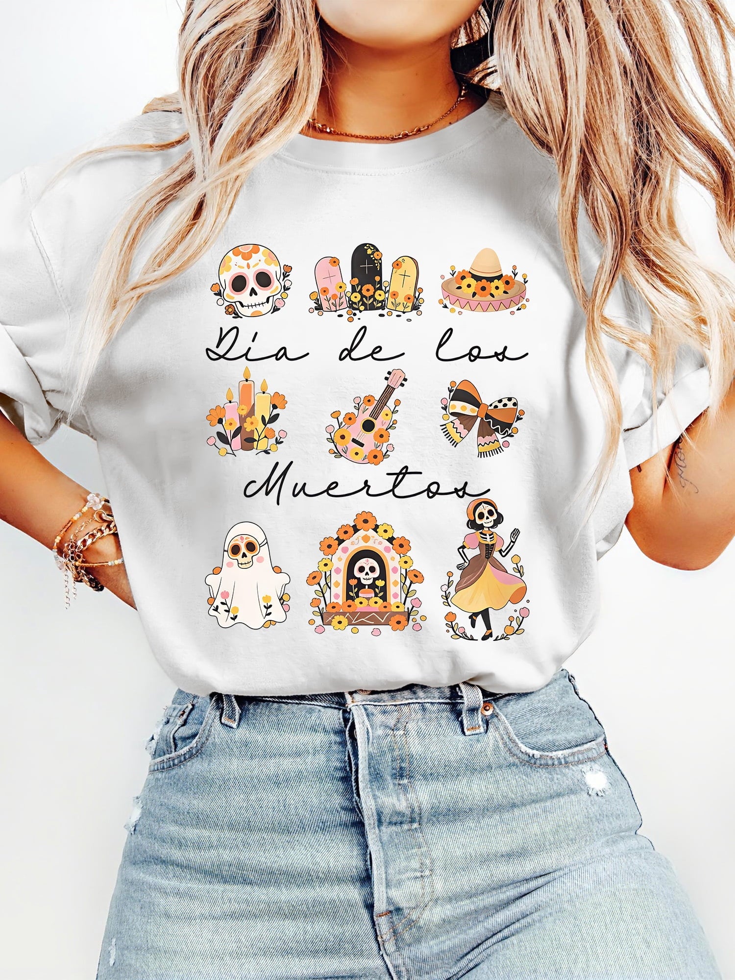 Women's Dia de los Muertos Halloween T-Shirt Sugar Skull Floral Day of the Dead Graphic Casual Tee