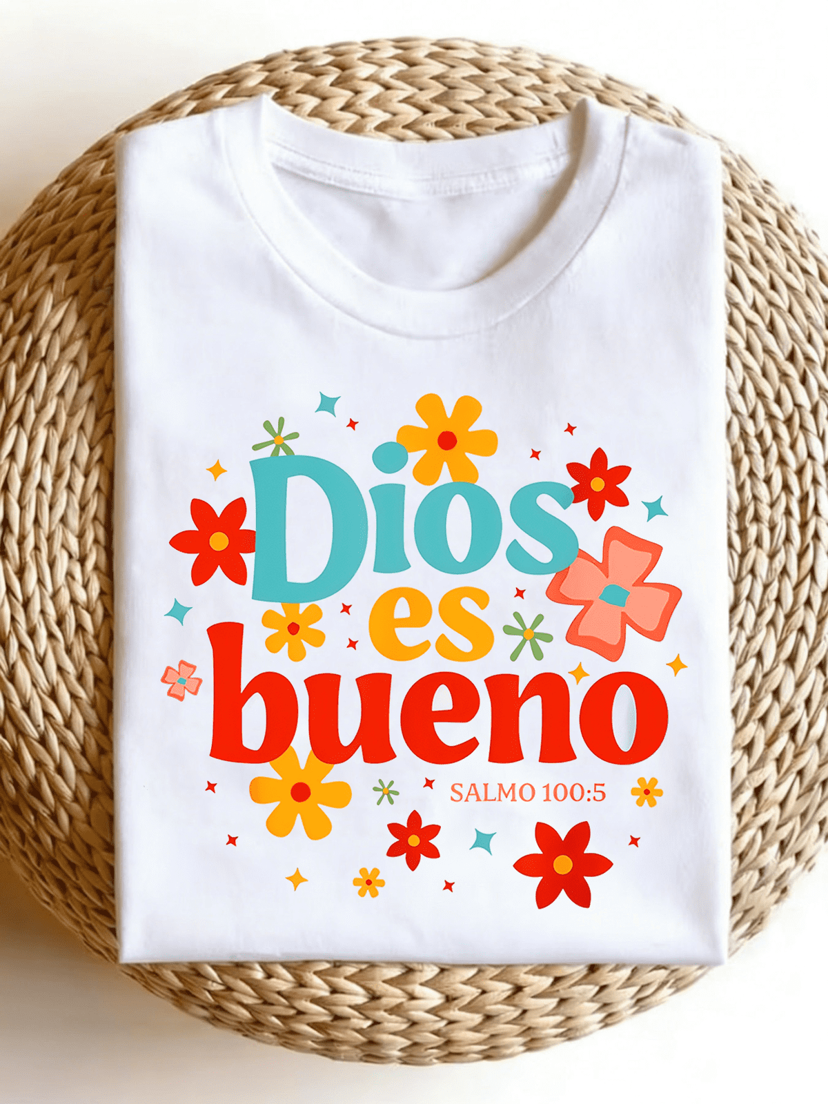 Women’s Dios Es Bueno Salmo 1005 Floral Christian Graphic Tee Retro Spanish Faith Short Sleeve T-Shirt
