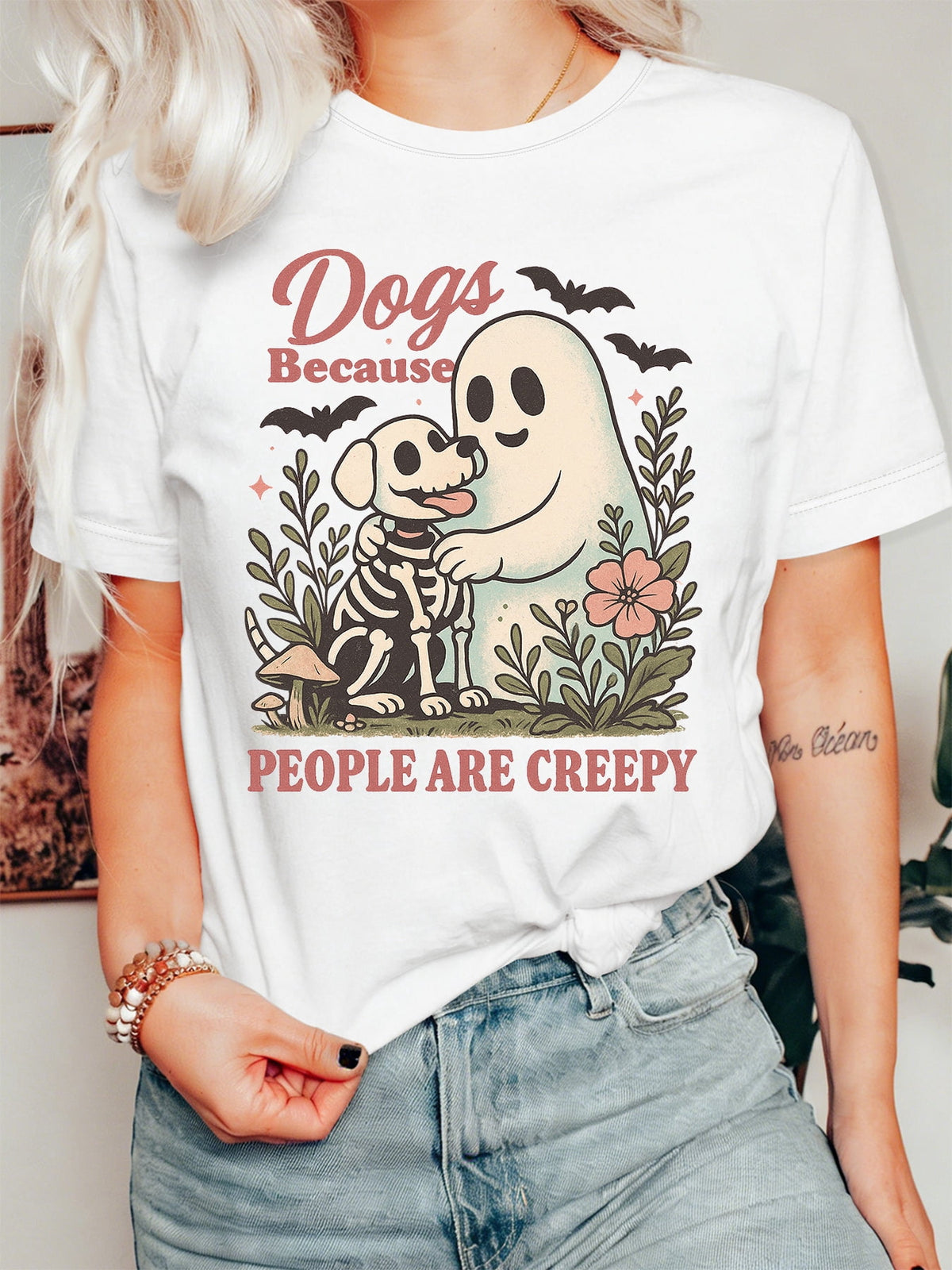 Women's Dogs Because People Are Creepy Graphic T-Shirt Ghost Skeleton Dog Halloween Fall Casual Tee