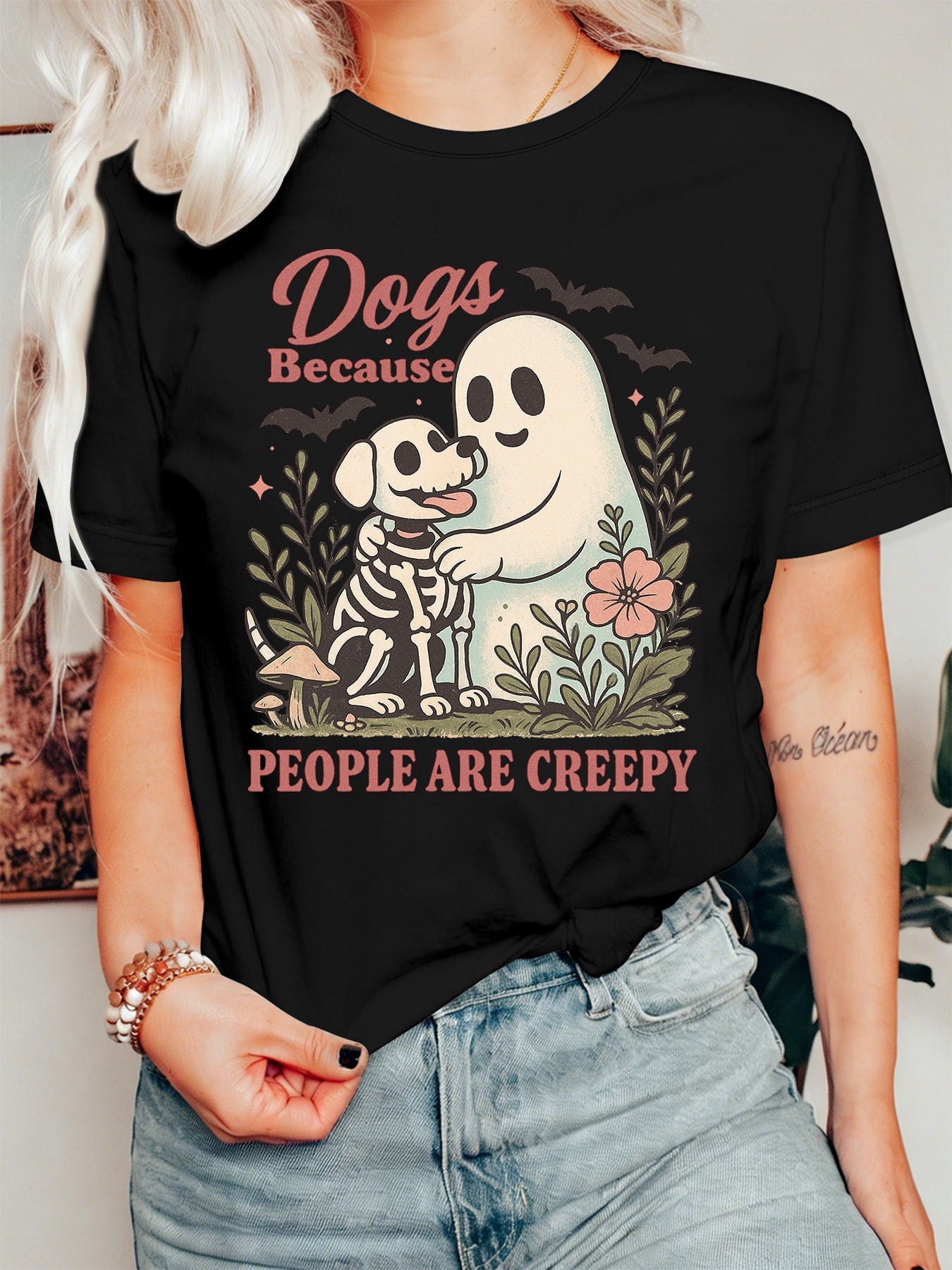 Women's Dogs Because People Are Creepy Graphic T-Shirt Ghost Skeleton Dog Halloween Fall Casual Tee