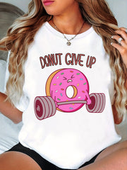 Women's Donut Give Up Funny Fitness Donut Lifting Weights Graphic T-Shirt Short Sleeve Casual Tee