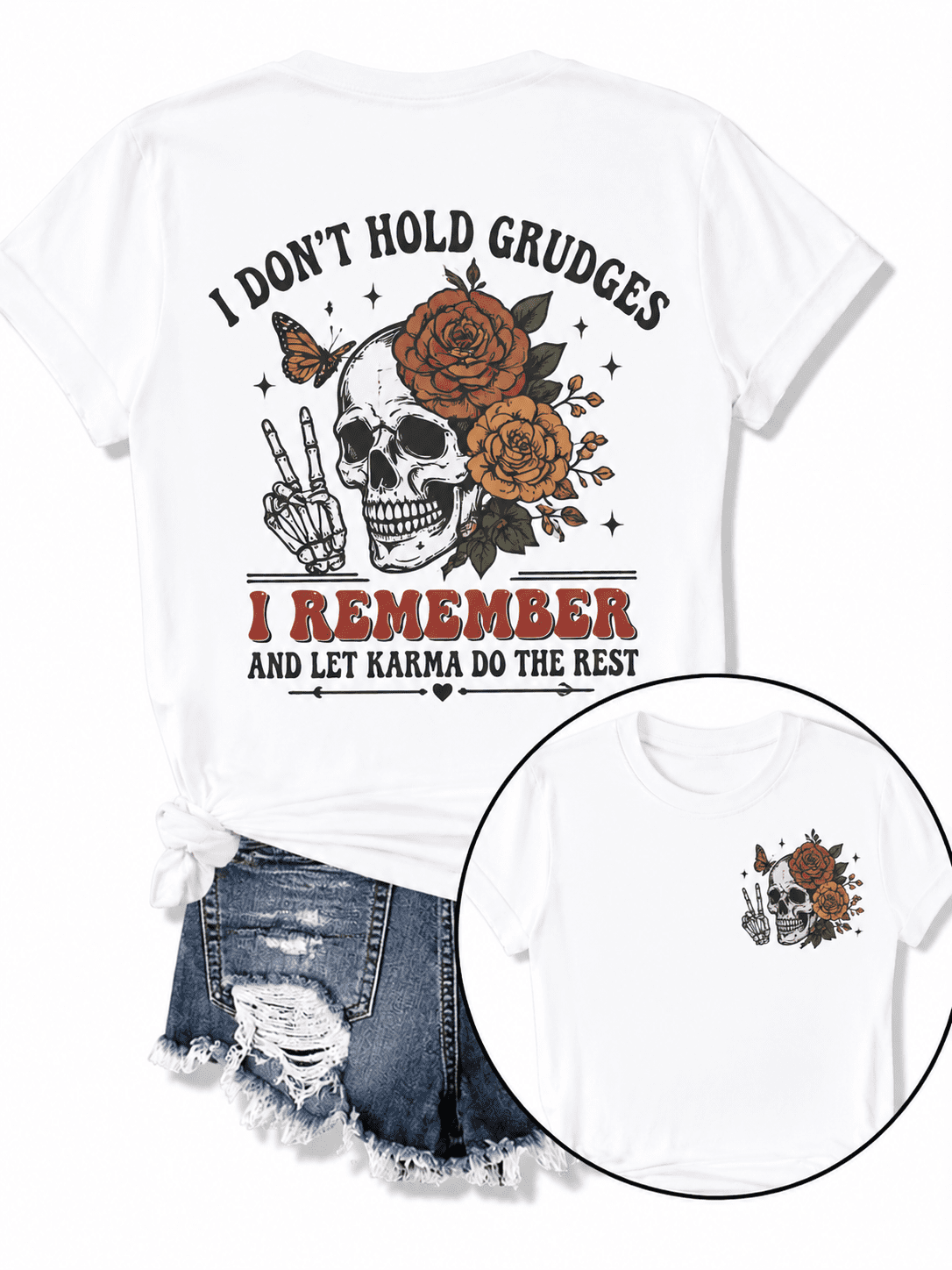 Women's Double Sided Skull Rose Graphic T-Shirt, Vintage Gothic Skeleton Floral Print Front Back Design, Casual Crew Neck Short Sleeve Tee