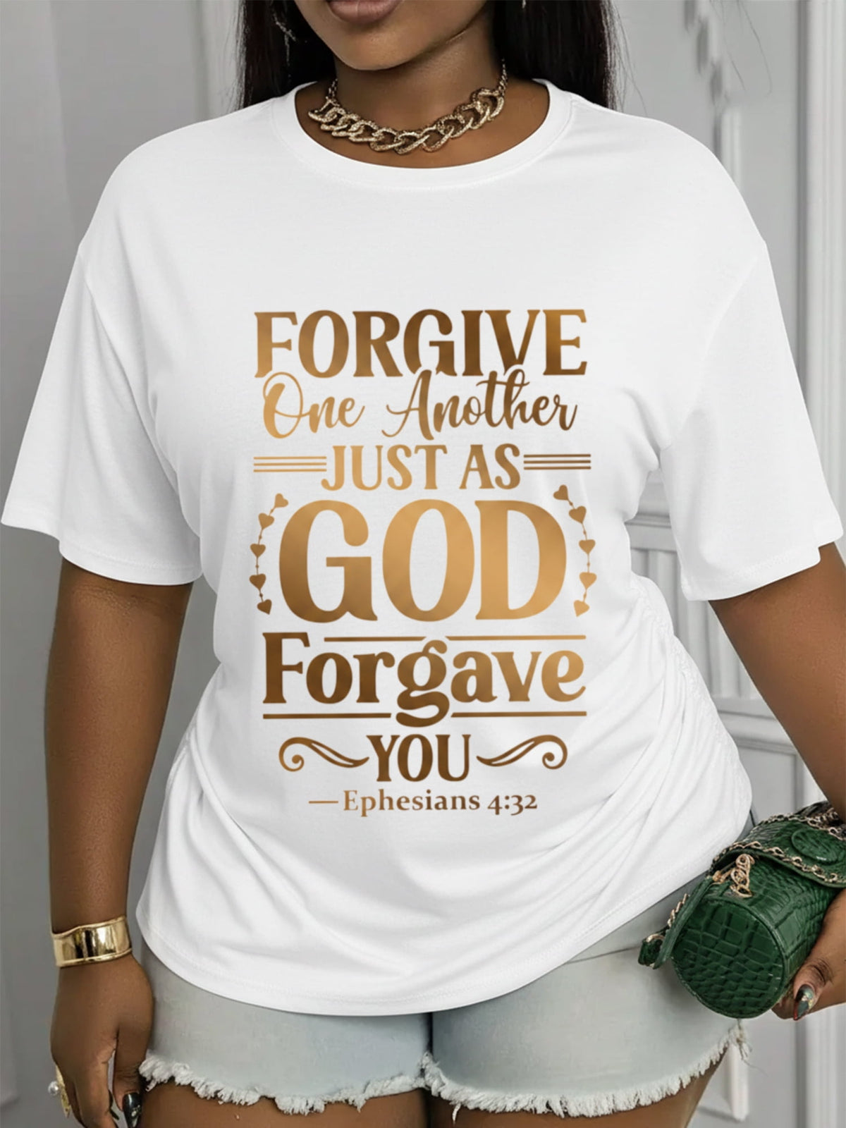 Women’s Faith Bible Verse Graphic T-Shirt Ephesians 432 Forgive One Another Religious Gold Print Short Sleeve Tee