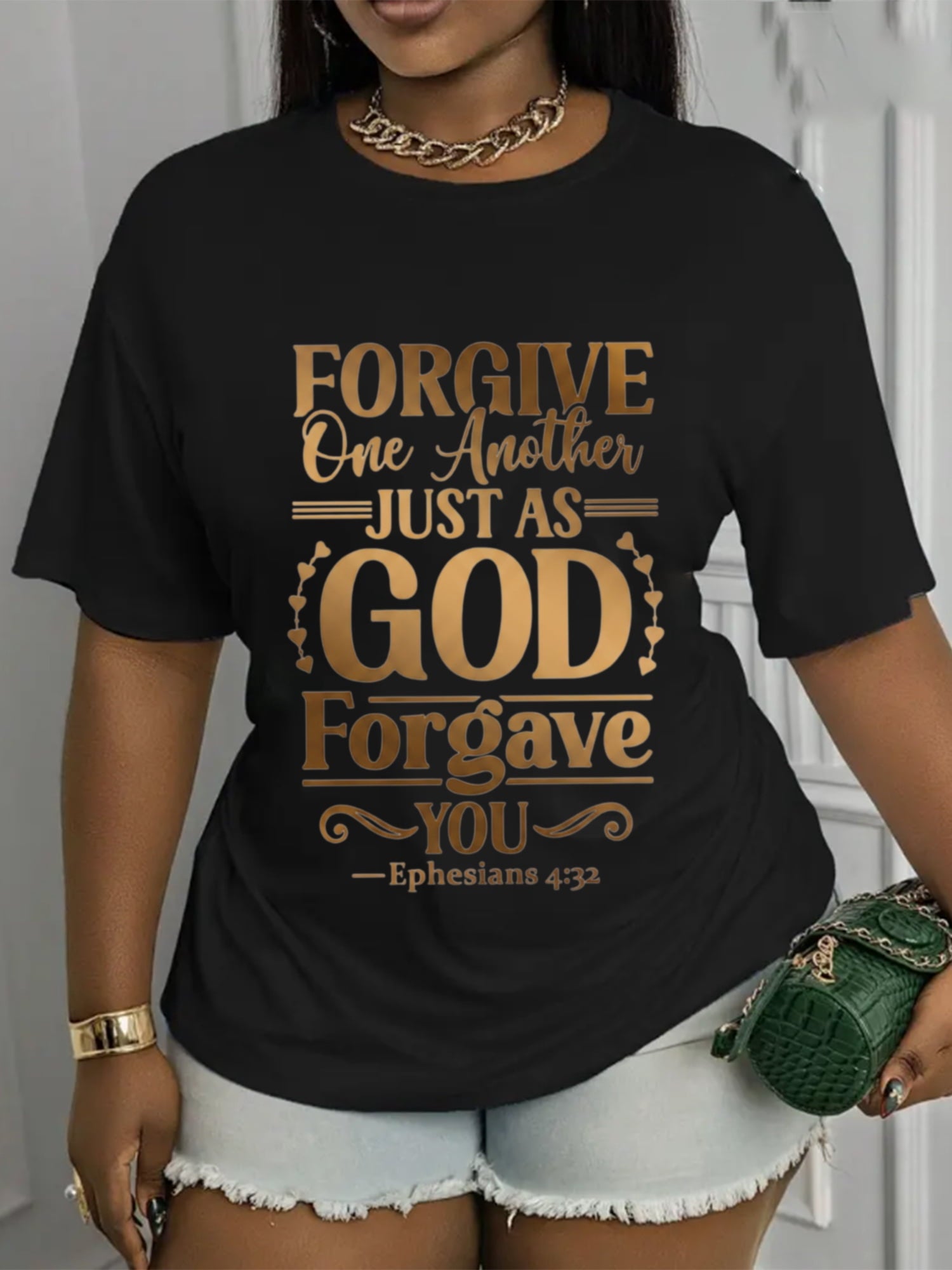 Women’s Faith Bible Verse Graphic T-Shirt Ephesians 432 Forgive One Another Religious Gold Print Short Sleeve Tee