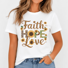 Women's Faith Hope Love Sunflower Graphic T-Shirt Christian Casual Tee