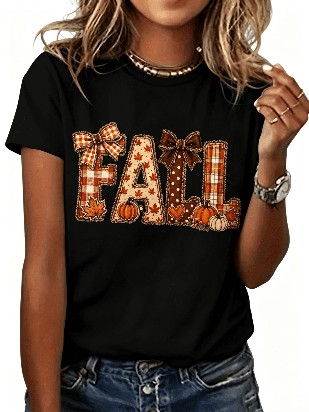 Women's Fall Bow Pumpkin Maple Leaf Graphic T-Shirt Casual Autumn Season Tee