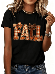 Women's Fall Bow Pumpkin Maple Leaf Graphic T-Shirt Casual Autumn Season Tee