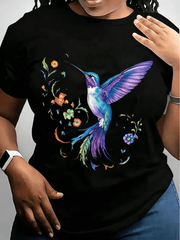 Women's Floral & Hummingbird Print Casual T-Shirt - Breathable Round Neck Short Sleeve Top