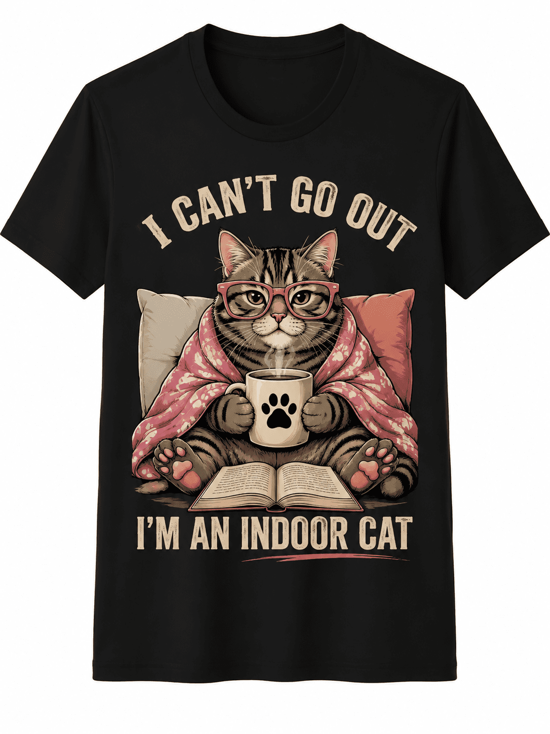 Women's Funny Cat Graphic T-Shirt, Indoor Cat Print Tee with Coffee Cup and Glasses Kitty Design, Casual Short Sleeve Crew Neck Shirt