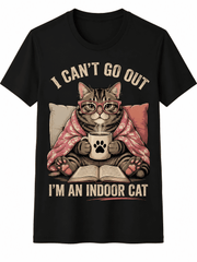 Women's Funny Cat Graphic T-Shirt, Indoor Cat Print Tee with Coffee Cup and Glasses Kitty Design, Casual Short Sleeve Crew Neck Shirt