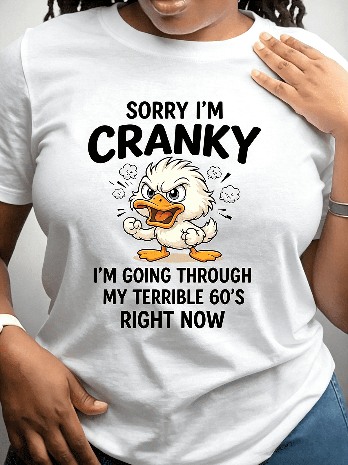 Women’s Funny Cranky Duck Graphic T-Shirt Sorry I'm Cranky Terrible 60s Sarcastic Birthday Casual Short Sleeve Tee