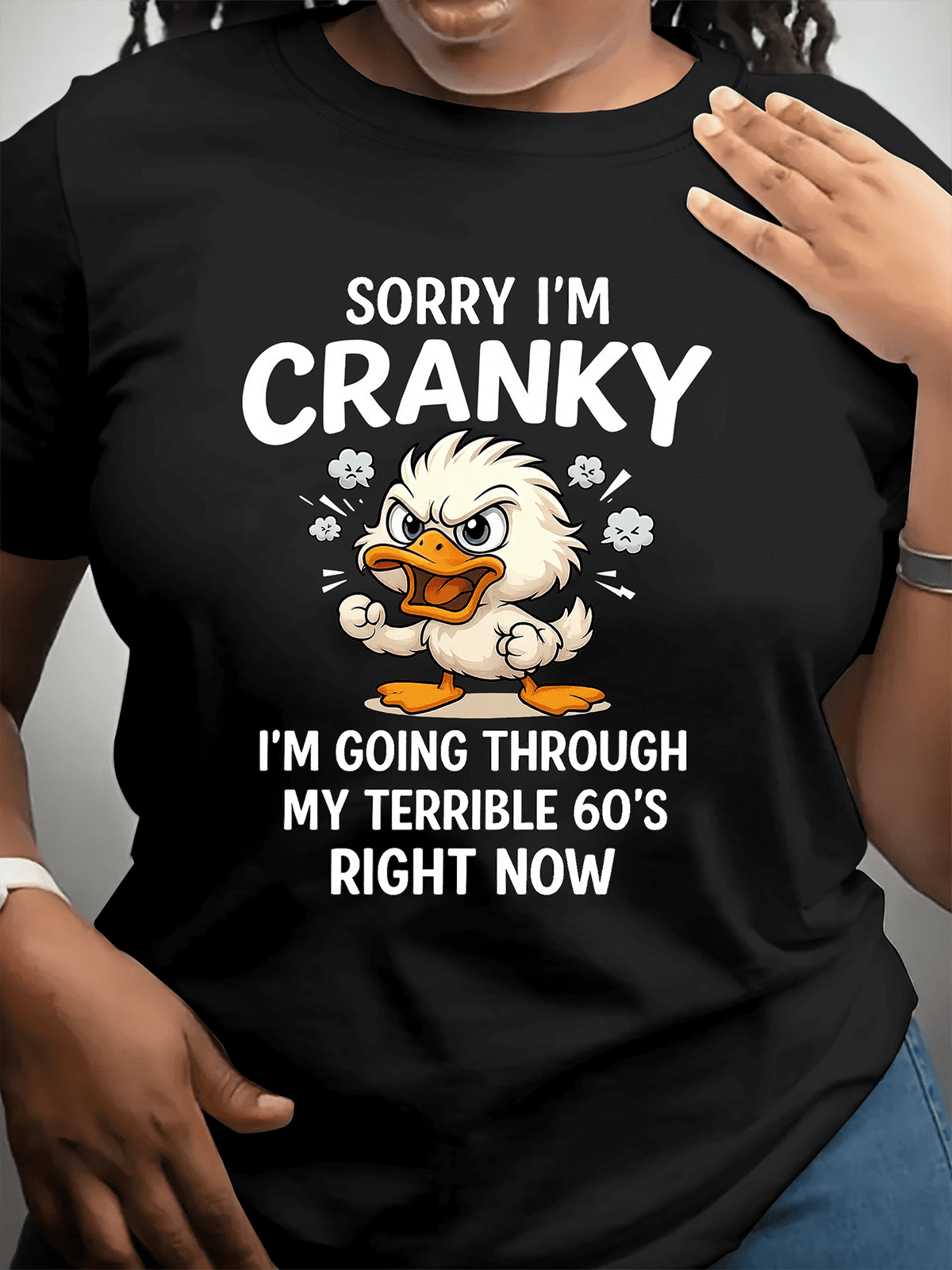 Women’s Funny Cranky Duck Graphic T-Shirt Sorry I'm Cranky Terrible 60s Sarcastic Birthday Casual Short Sleeve Tee