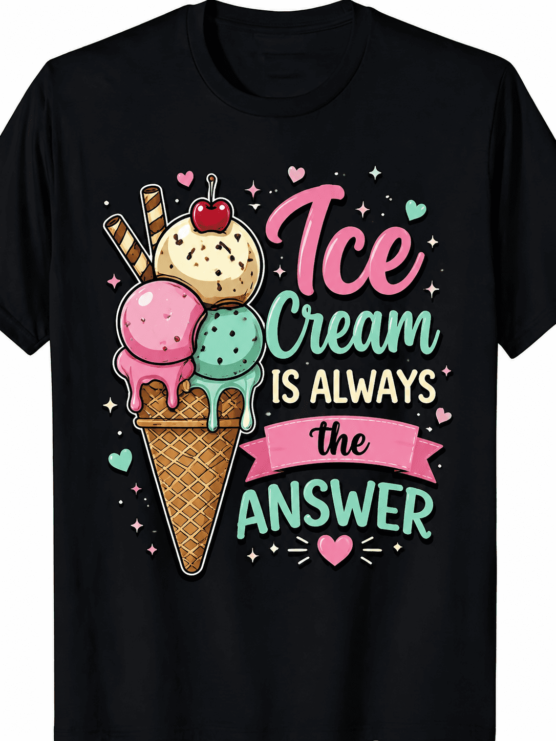 Women's Funny Ice Cream Graphic T-Shirt, Cute Dessert Lover Tee, Colorful Ice Cream Cone Print, Casual Short Sleeve Crew Neck Summer Top