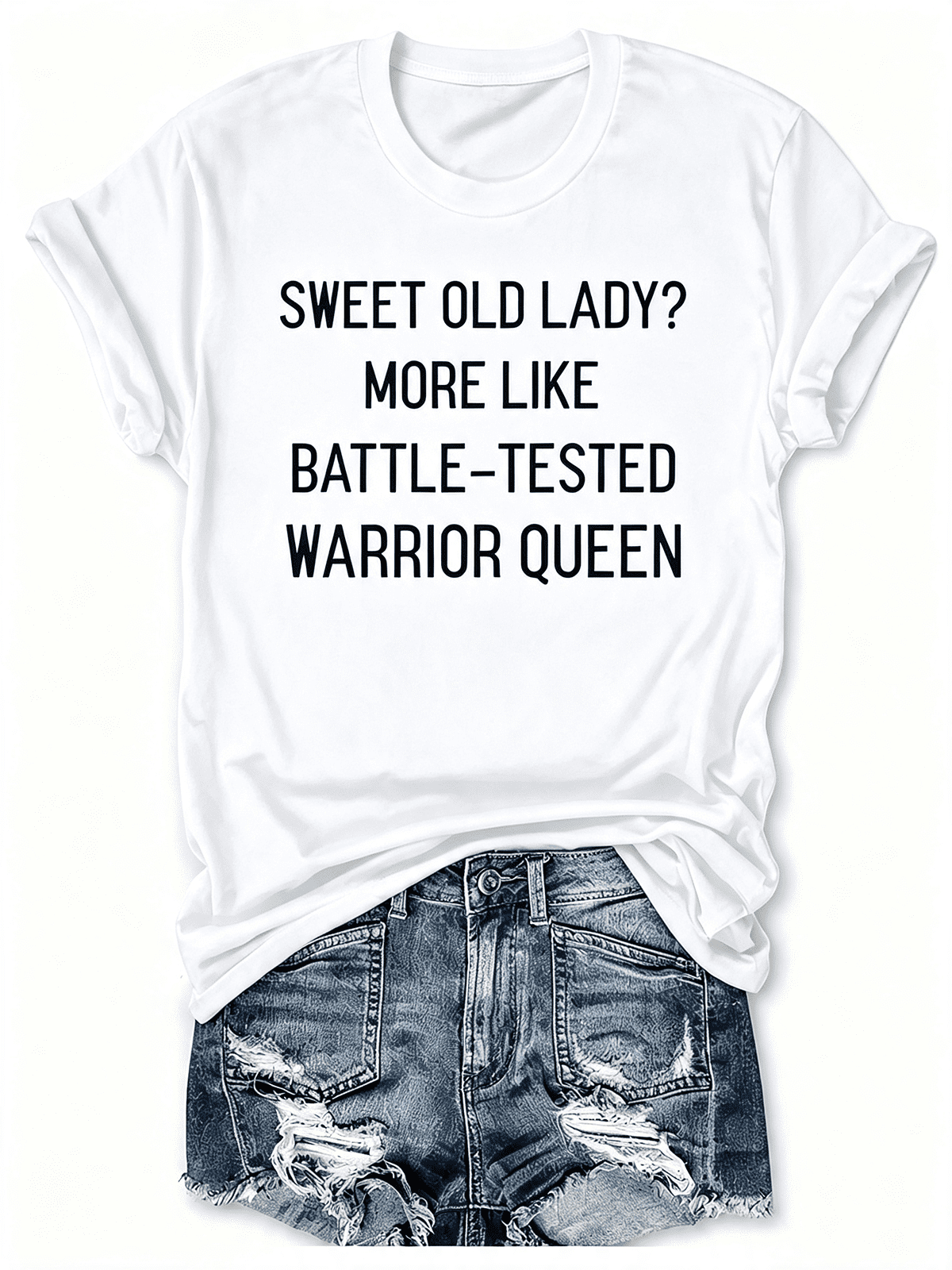 Women’s Funny Sweet Old Lady Warrior Queen Graphic T-Shirt, Empowering Senior Women Short Sleeve Casual Tee Gift for Grandma Mom