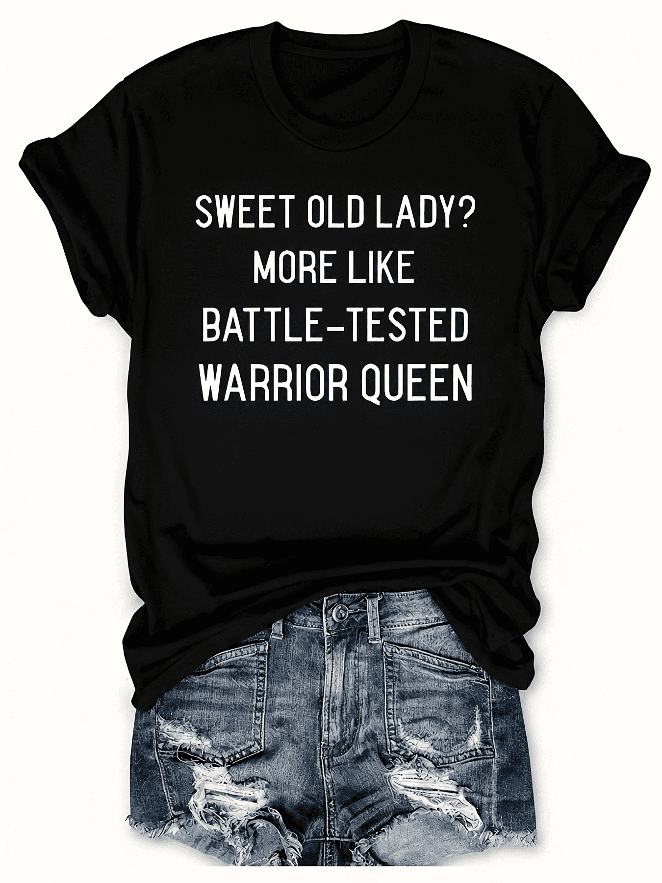 Women’s Funny Sweet Old Lady Warrior Queen Graphic T-Shirt, Empowering Senior Women Short Sleeve Casual Tee Gift for Grandma Mom