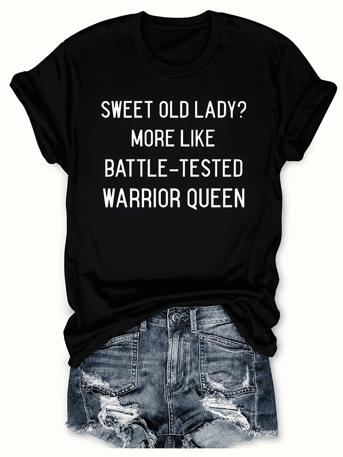 Women’s Funny Sweet Old Lady Warrior Queen Graphic T-Shirt, Empowering Senior Women Short Sleeve Casual Tee Gift for Grandma Mom