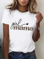 Women's Girl Mama Leopard Print Graphic T-Shirt Short Sleeve Casual Mom Tee