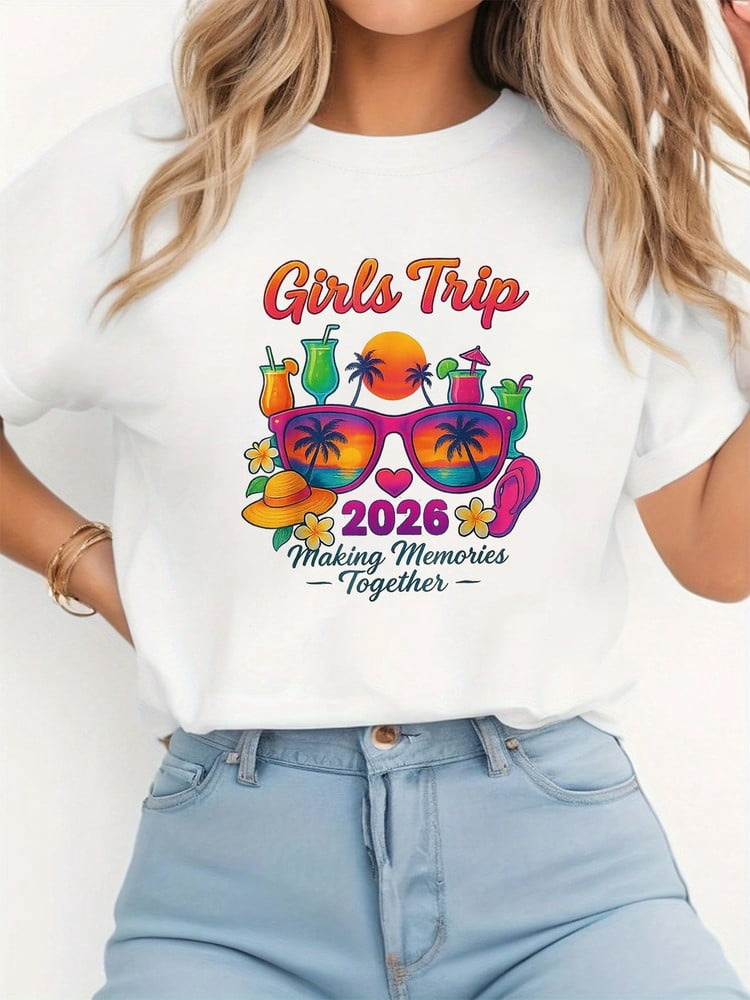 Women's Girls Trip 2026 Making Memories Together Beach Vacation Graphic Short Sleeve Crew Neck T-Shirt