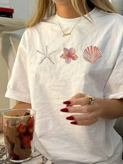 Women's Graphic T-Shirt with Starfish & Shell Print, Casual Slim Fit Short Sleeve Round Neck Top for Summer Beach Tshirt
