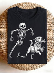 Women's Halloween Skeleton Running With Dog T-Shirt Funny Dog Bone Graphic Casual Fall Tee