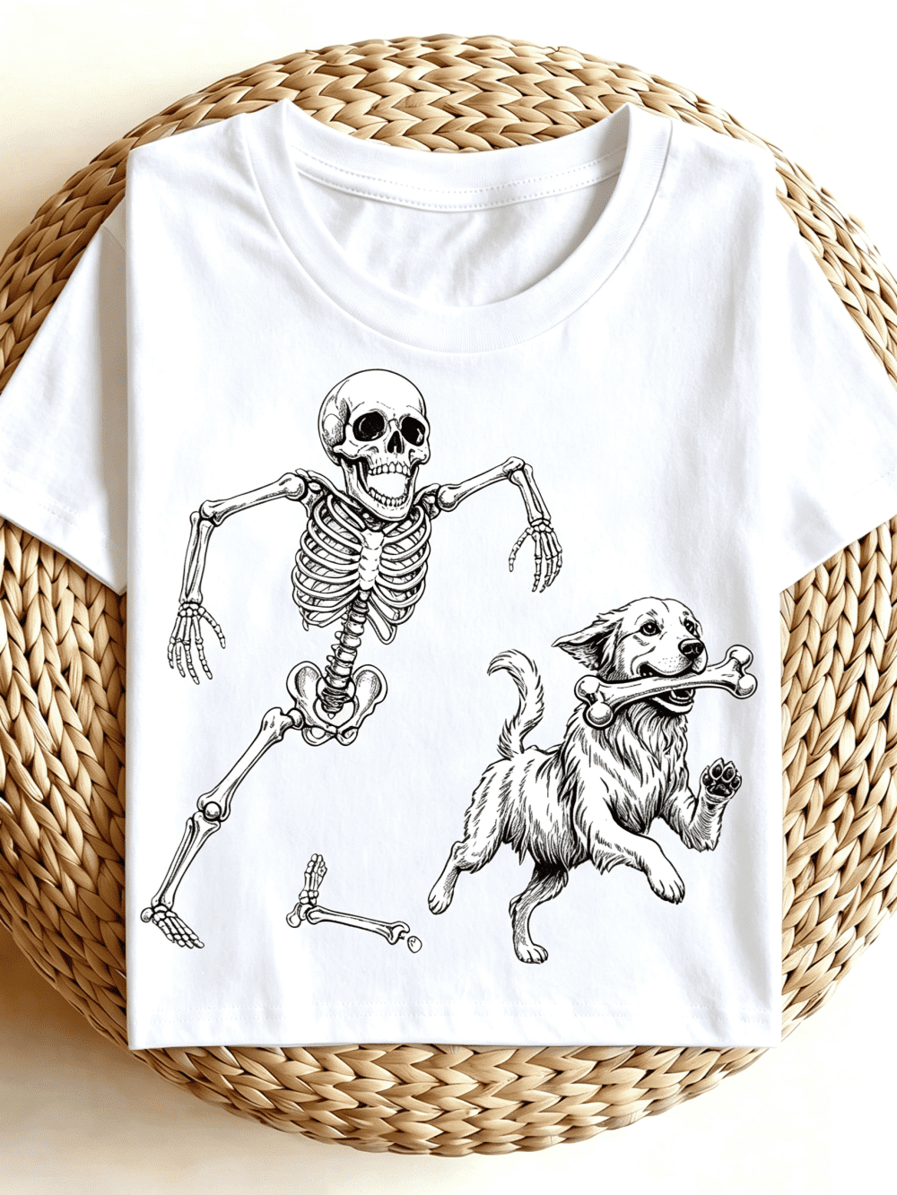 Women's Halloween Skeleton Running With Dog T-Shirt Funny Dog Bone Graphic Casual Fall Tee