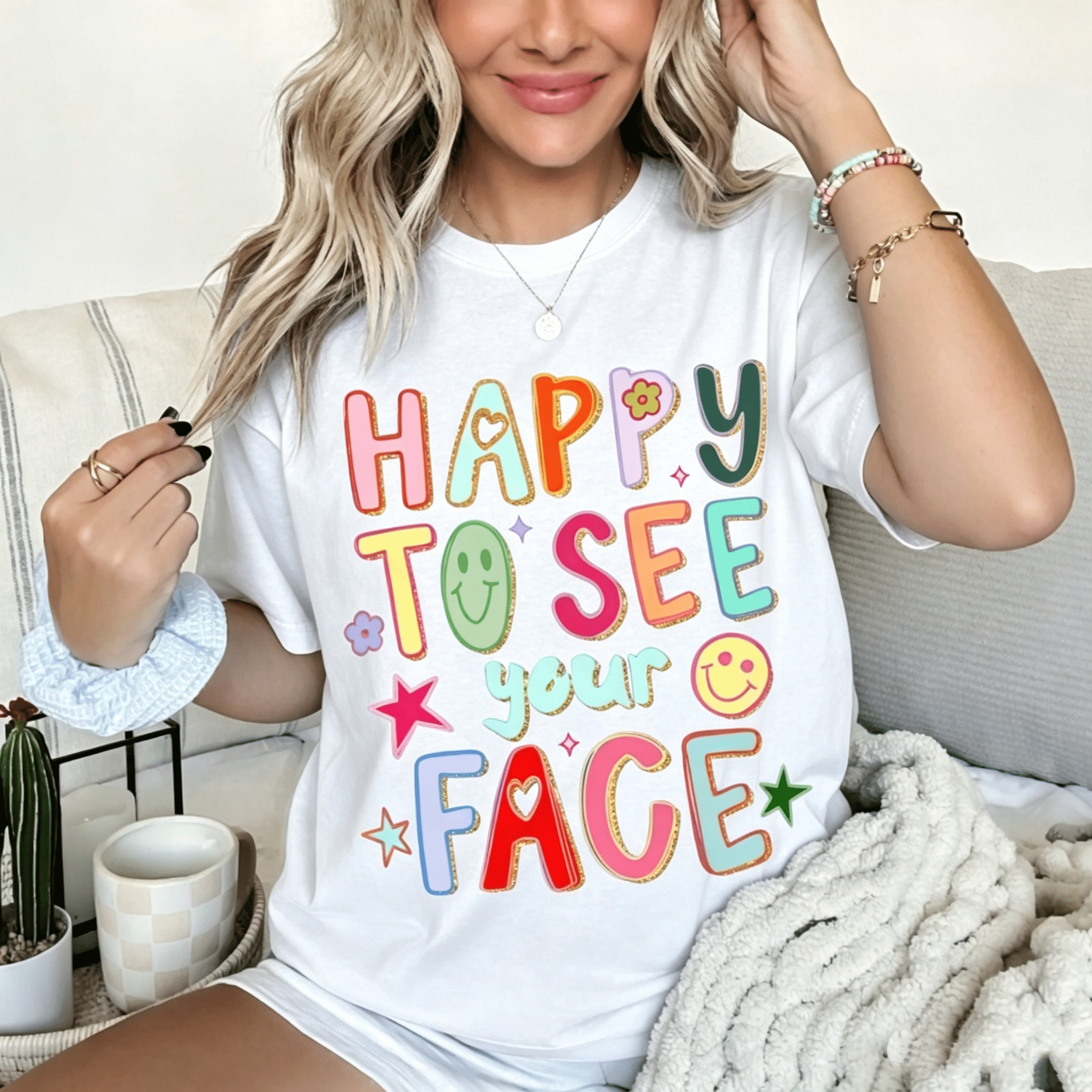 Women's Happy To See Your Face Colorful Doodle Graphic T‑Shirt 100%Cotton Hand Drawn Colorful Doodle Stars Messy Glitter Teacher T-shirt Appreciation Gift Tee