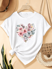 Women's Heart Shaped Floral Bouquet Graphic T-Shirt Vintage Wildflower Heart Casual Summer Tee