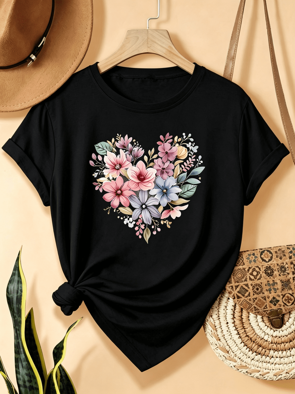 Women's Heart Shaped Floral Bouquet Graphic T-Shirt Vintage Wildflower Heart Casual Summer Tee