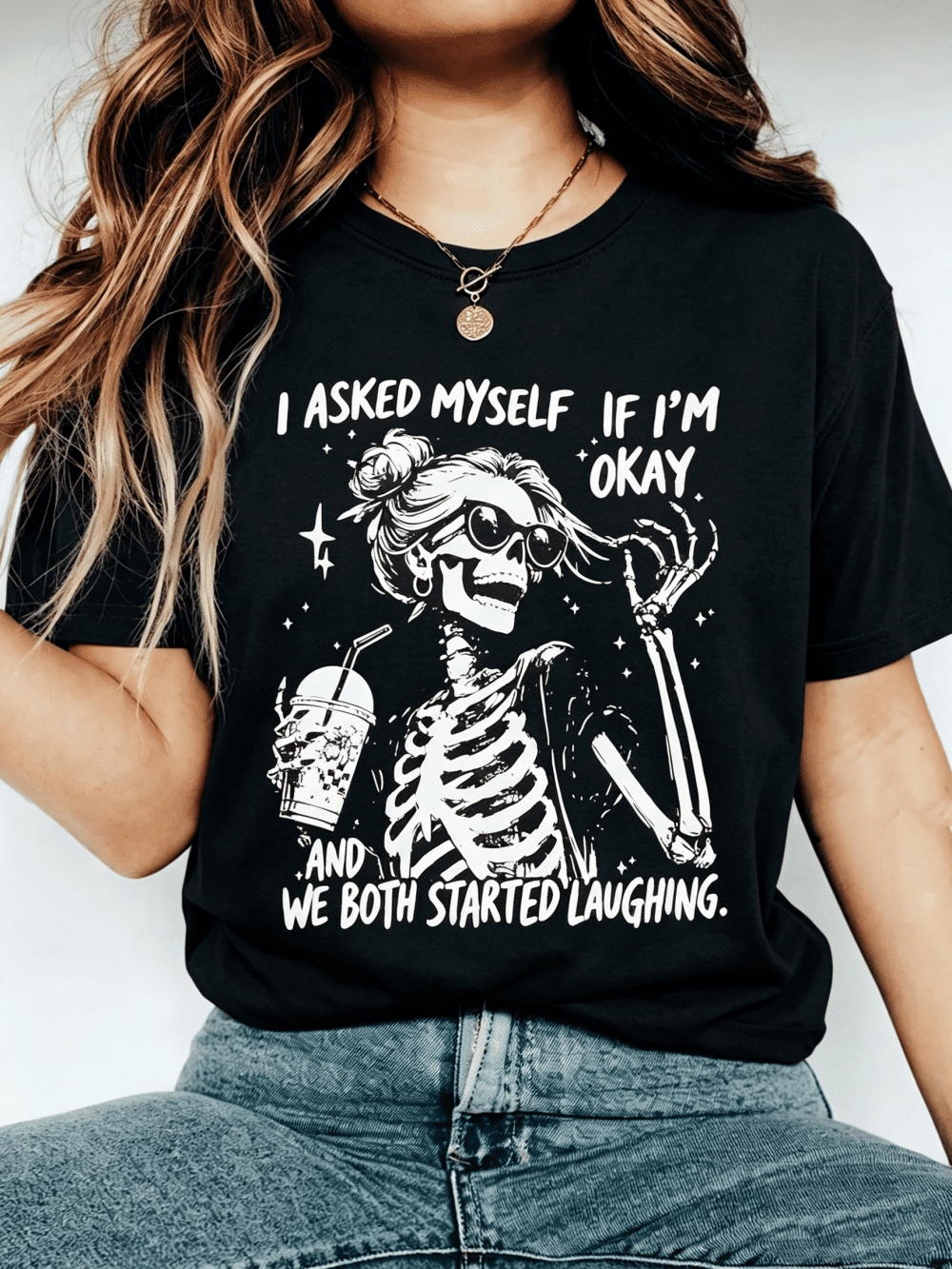 Women's I Asked Myself If I'm Okay Skeleton T-Shirt Funny Halloween Graphic Casual Fall Tee