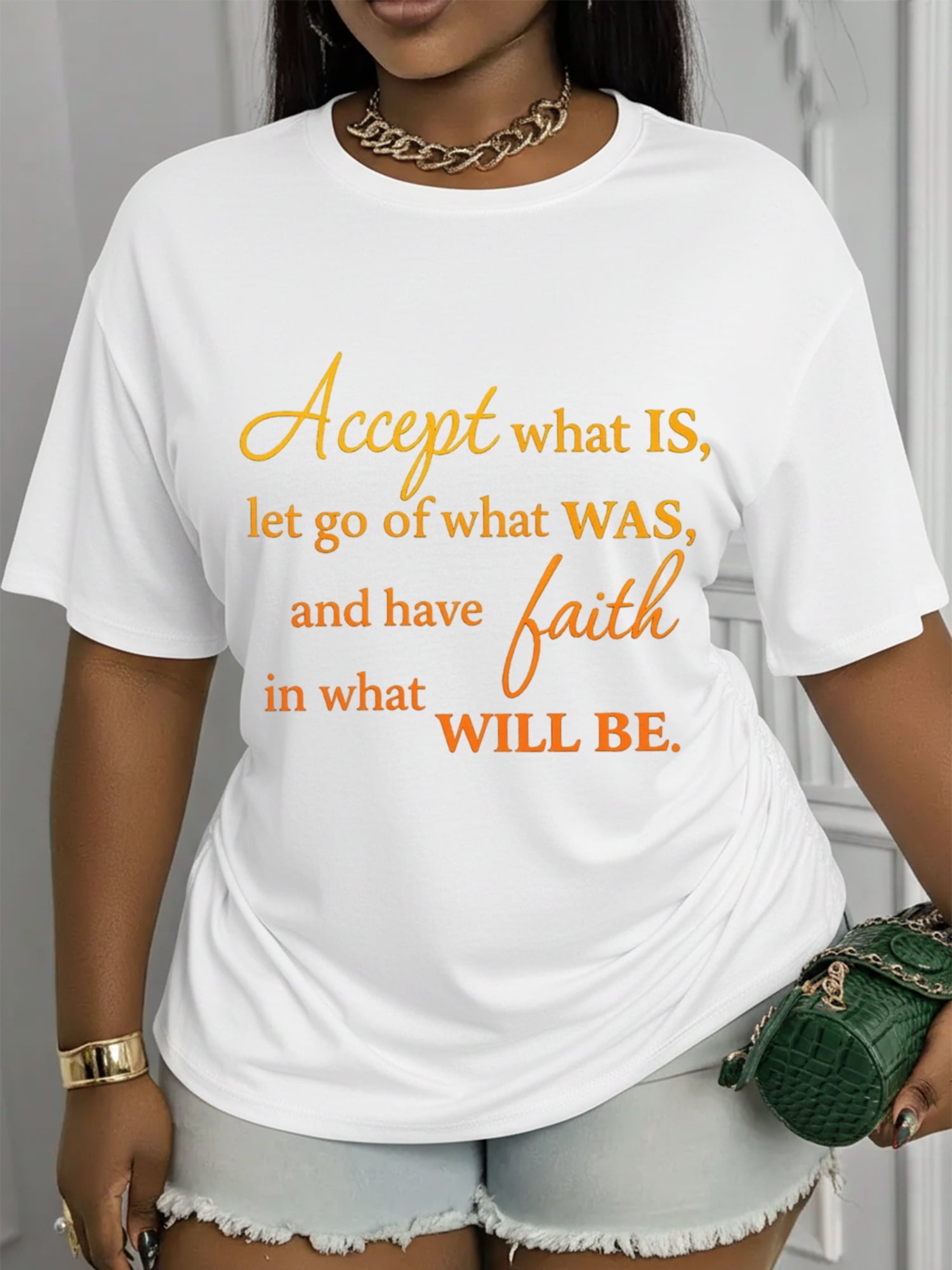 Women’s Inspirational Accept What Is Let Go What Was Faith Quote Short Sleeve T-Shirt, Casual Loose Positive Message Graphic Tee for Everyday Wear