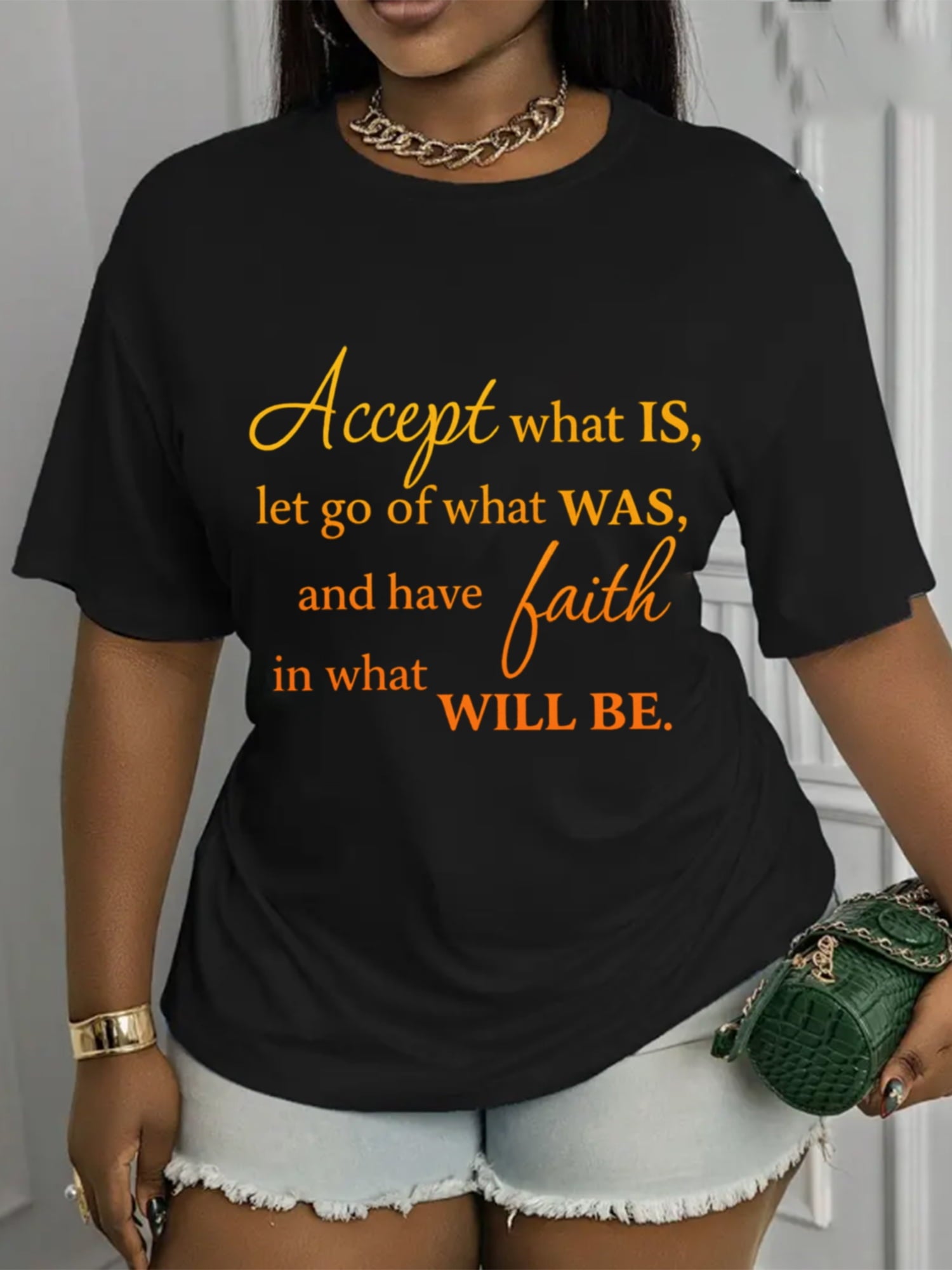 Women’s Inspirational Accept What Is Let Go What Was Faith Quote Short Sleeve T-Shirt, Casual Loose Positive Message Graphic Tee for Everyday Wear