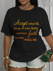 Women’s Inspirational Accept What Is Let Go What Was Faith Quote Short Sleeve T-Shirt, Casual Loose Positive Message Graphic Tee for Everyday Wear