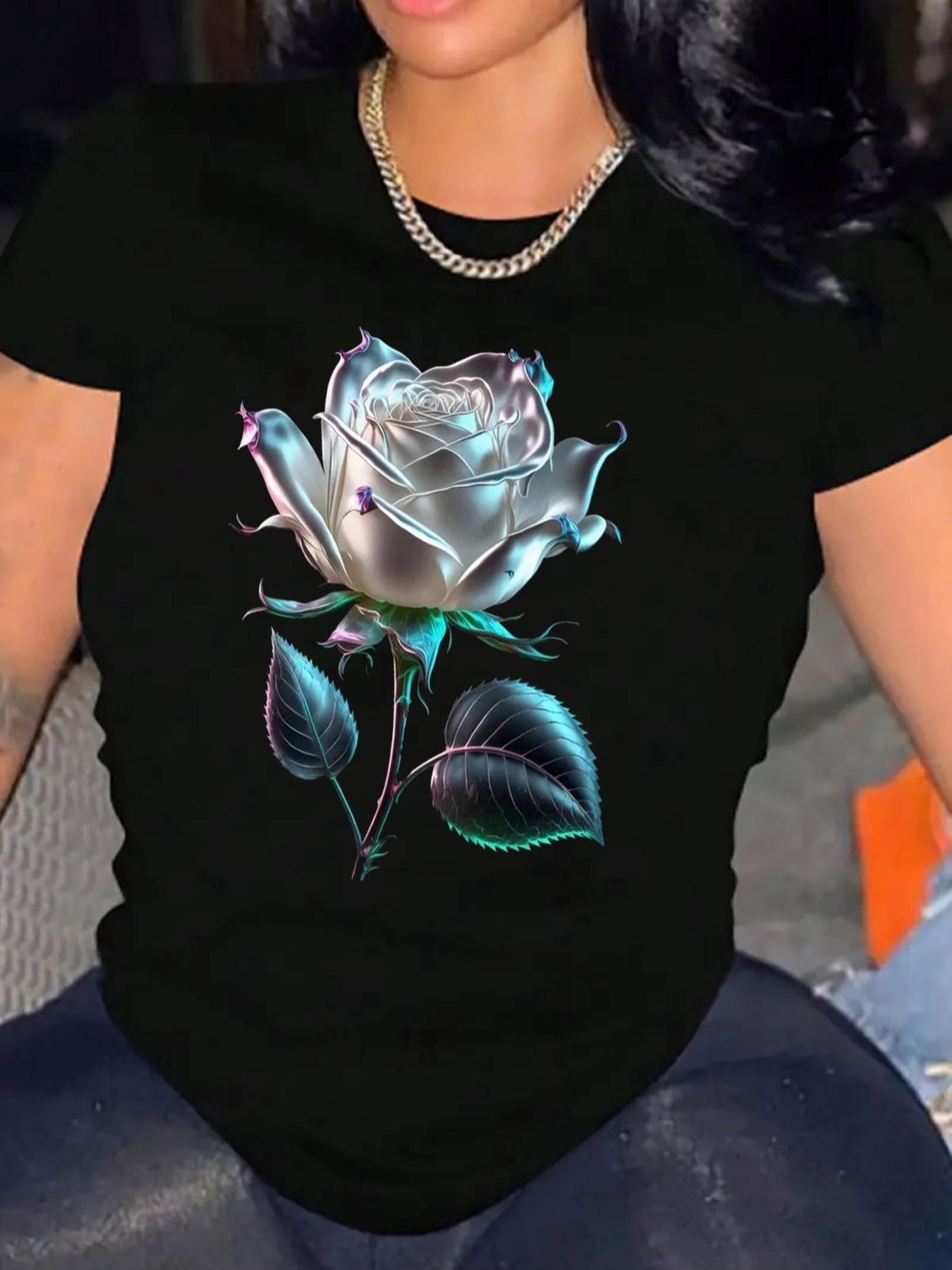 Women’s Iridescent Silver Teal Rose Floral Graphic Crew Neck Short Sleeve Casual T-Shirt