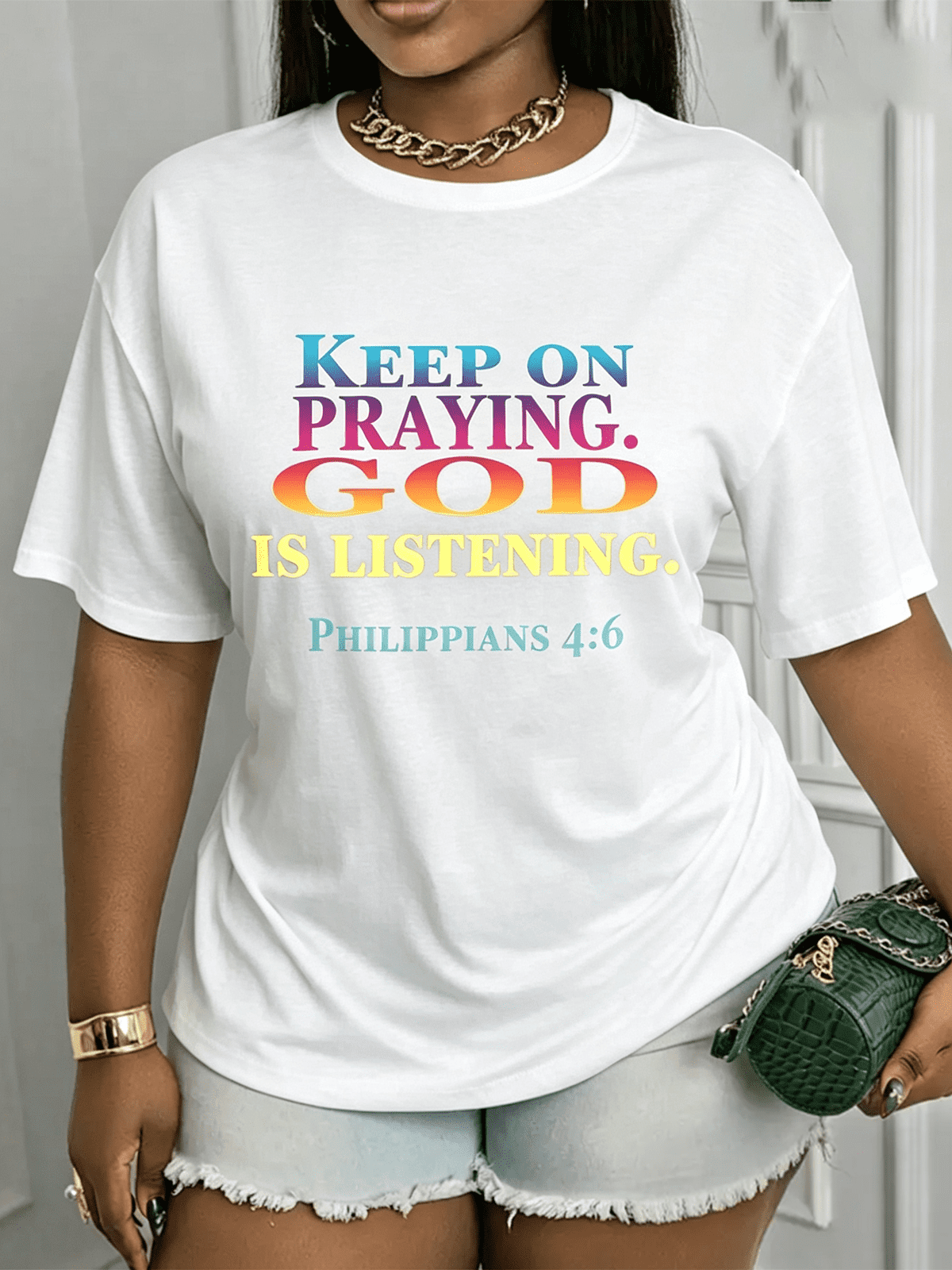 Women’s Keep On Praying God Is Listening Philippians 46 Rainbow Gradient Christian Graphic T-Shirt Faith Inspirational Top