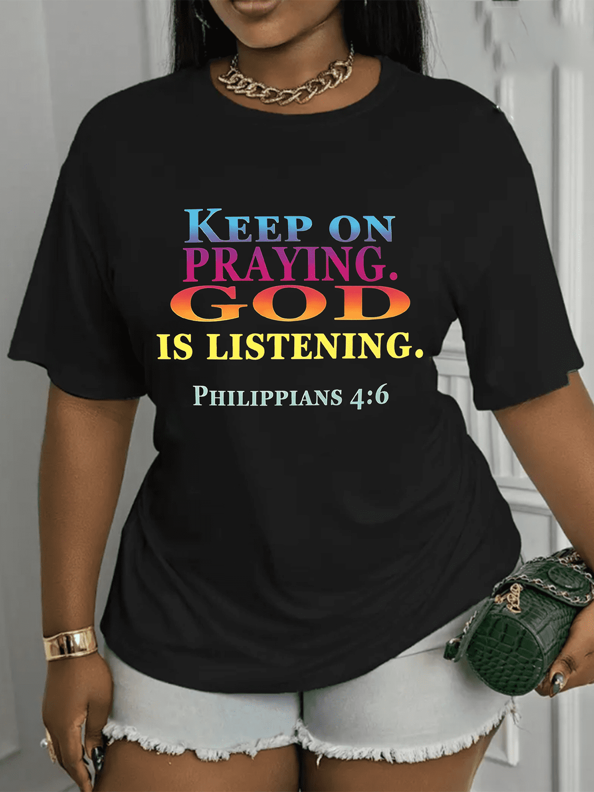 Women’s Keep On Praying God Is Listening Philippians 46 Rainbow Gradient Christian Graphic T-Shirt Faith Inspirational Top