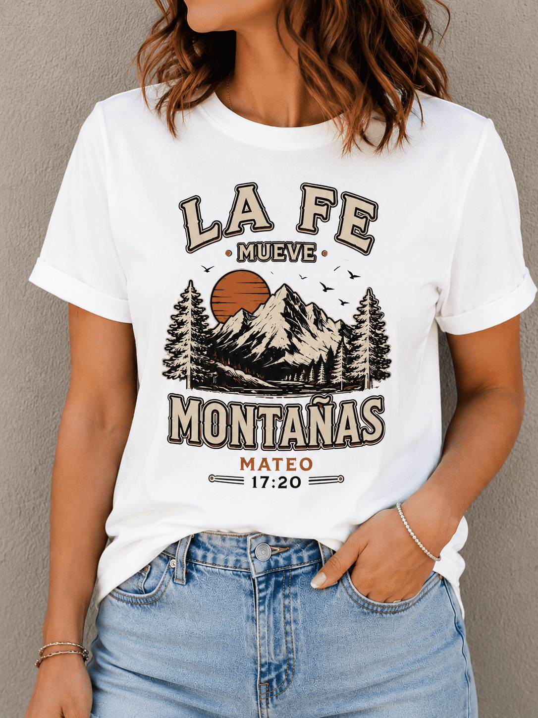 Women's La Fe Mueve Montañas Mateo 17:20 Vintage Sunset Mountain Graphic Crew Neck Short Sleeve Cotton T-Shirt Spanish Christian Faith Bible Verse Casual All Season Soft Breathable Tee