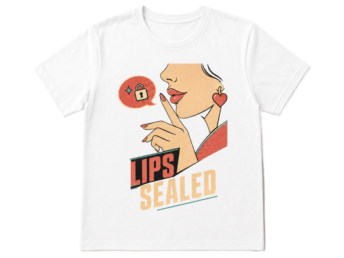 Women’s Lips Sealed Graphic T-Shirt, Retro Pop Art Hand Gesture Short Sleeve Crew Neck Casual White Tee