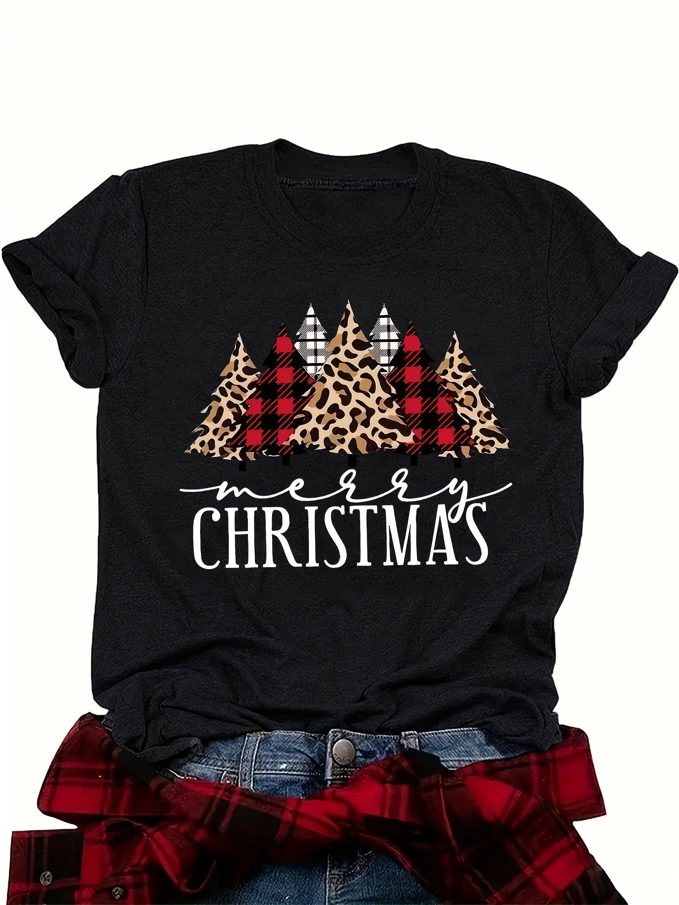 Women's Merry Christmas Graphic T-Shirt Leopard Buffalo Plaid Christmas Tree Holiday Winter Casual Tee