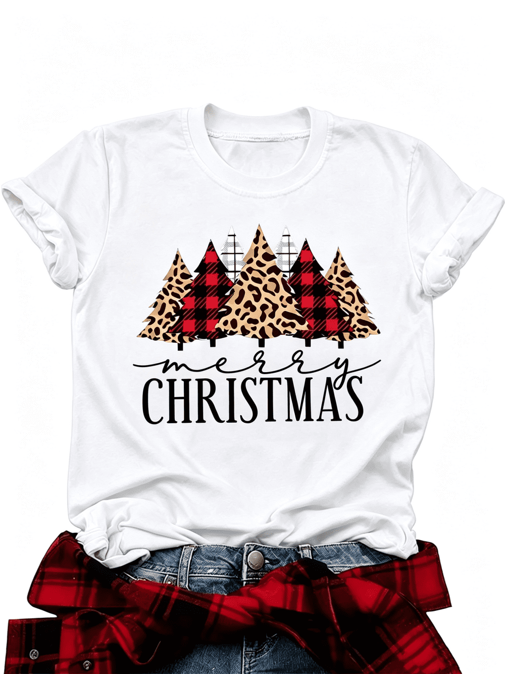Women's Merry Christmas Graphic T-Shirt Leopard Buffalo Plaid Christmas Tree Holiday Winter Casual Tee