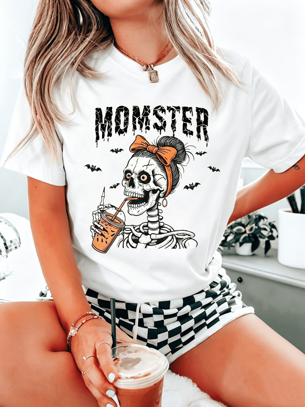 Women's Momster Halloween T-Shirt Skeleton Mom Drinking Coffee Bat Graphic Casual Fall Tee