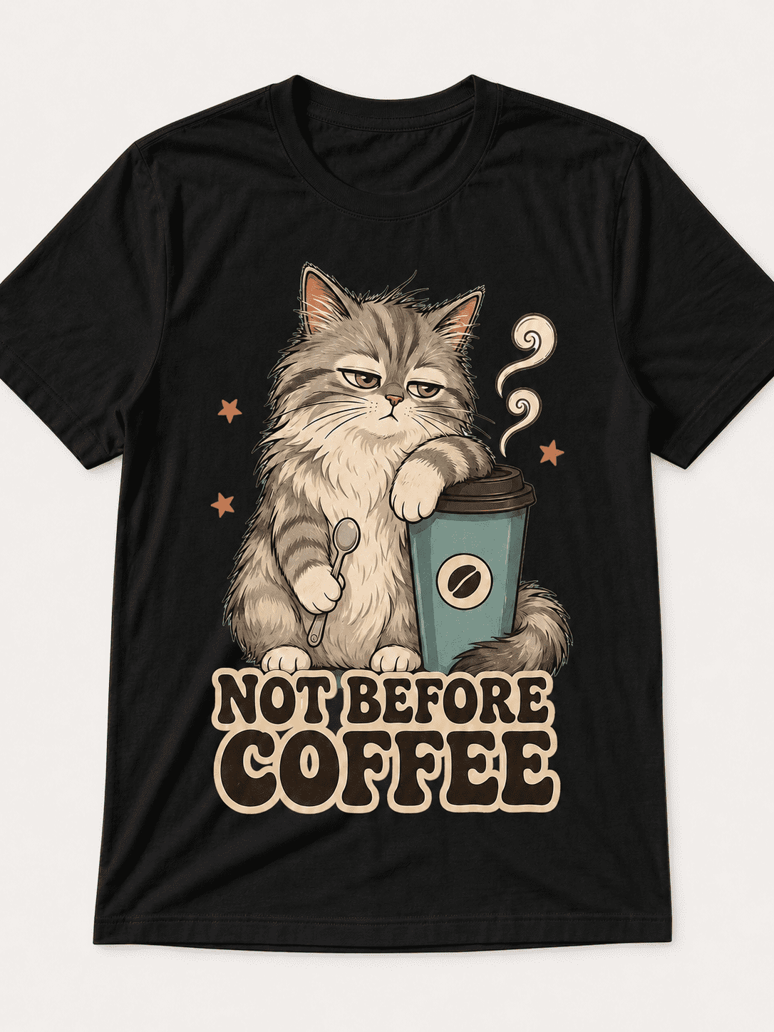 Women’s Not Before Coffee Cat Graphic T-Shirt, Funny Coffee Lover Short Sleeve Crew Neck Casual Black Tee