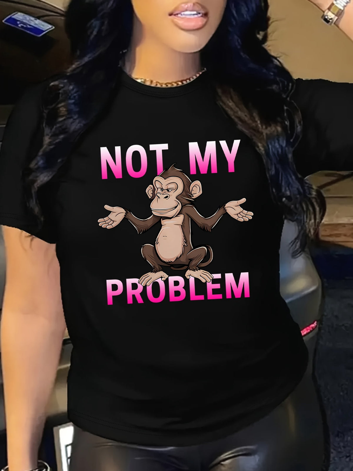 Women's Not My Problem Monkey Graphic T-Shirt Funny Slogan Short Sleeve Casual Tee