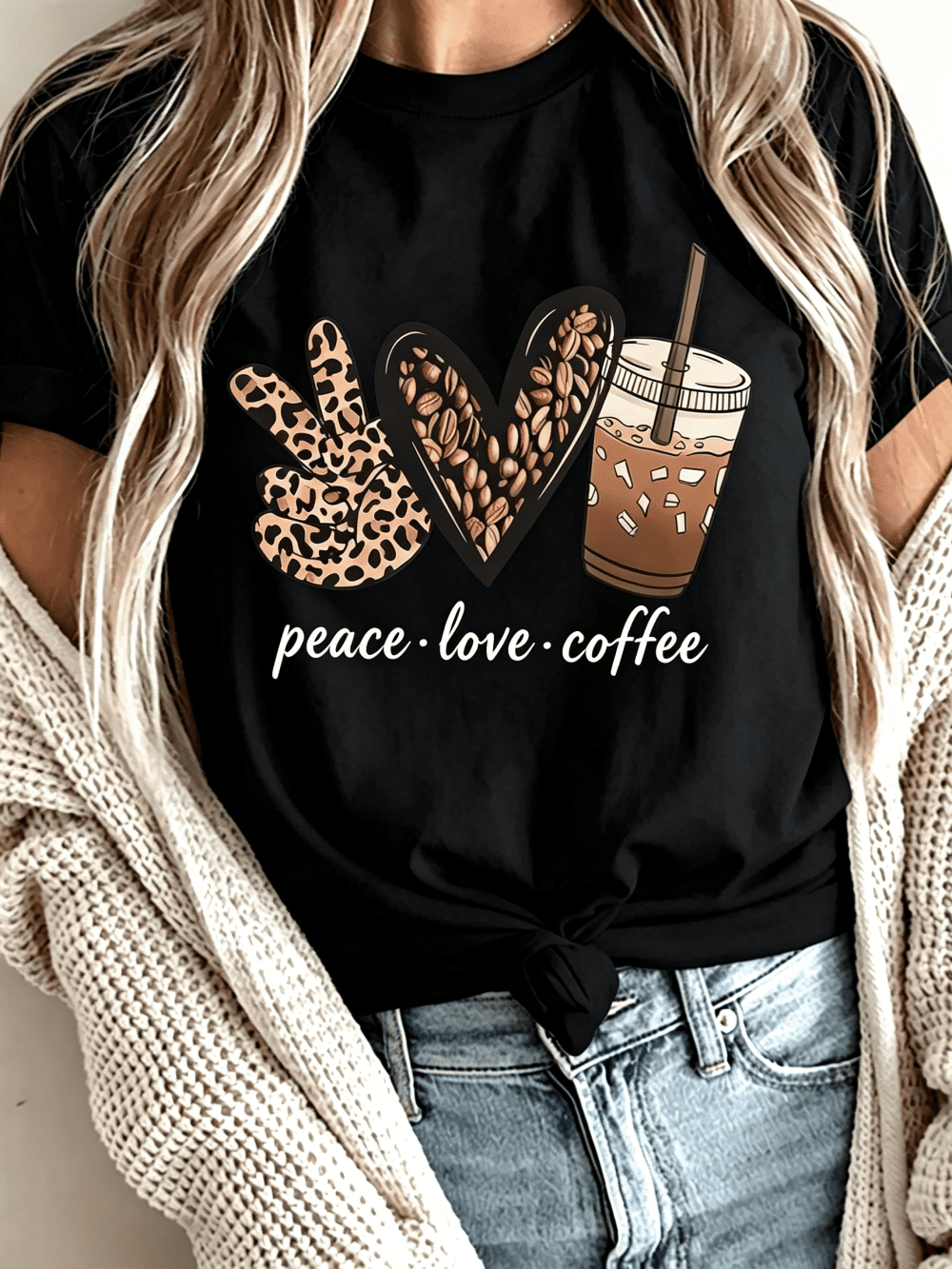 Women's Peace Love Coffee Leopard Peace Hand Heart Graphic T-Shirt Short Sleeve Casual Tee