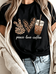 Women's Peace Love Coffee Leopard Peace Hand Heart Graphic T-Shirt Short Sleeve Casual Tee