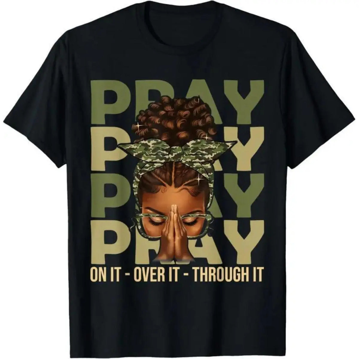 Women's Pray On It Over It Through It Camo Bow Afro Prayer Graphic Short Sleeve Crew Neck T-Shirt