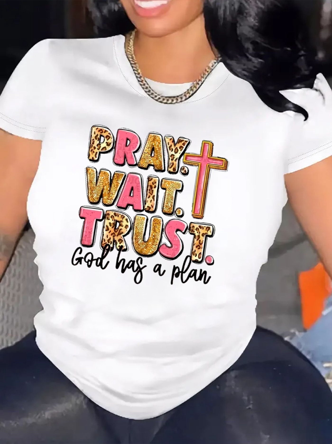 Women’s Pray Wait Trust Leopard Print Cross Christian Graphic Crew Neck Short Sleeve Casual T-Shirt