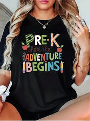 Women’s Pre-K Where The Adventure Begins Apple Pencil Teacher Graphic Crew Neck Short Sleeve Casual T-Shirt